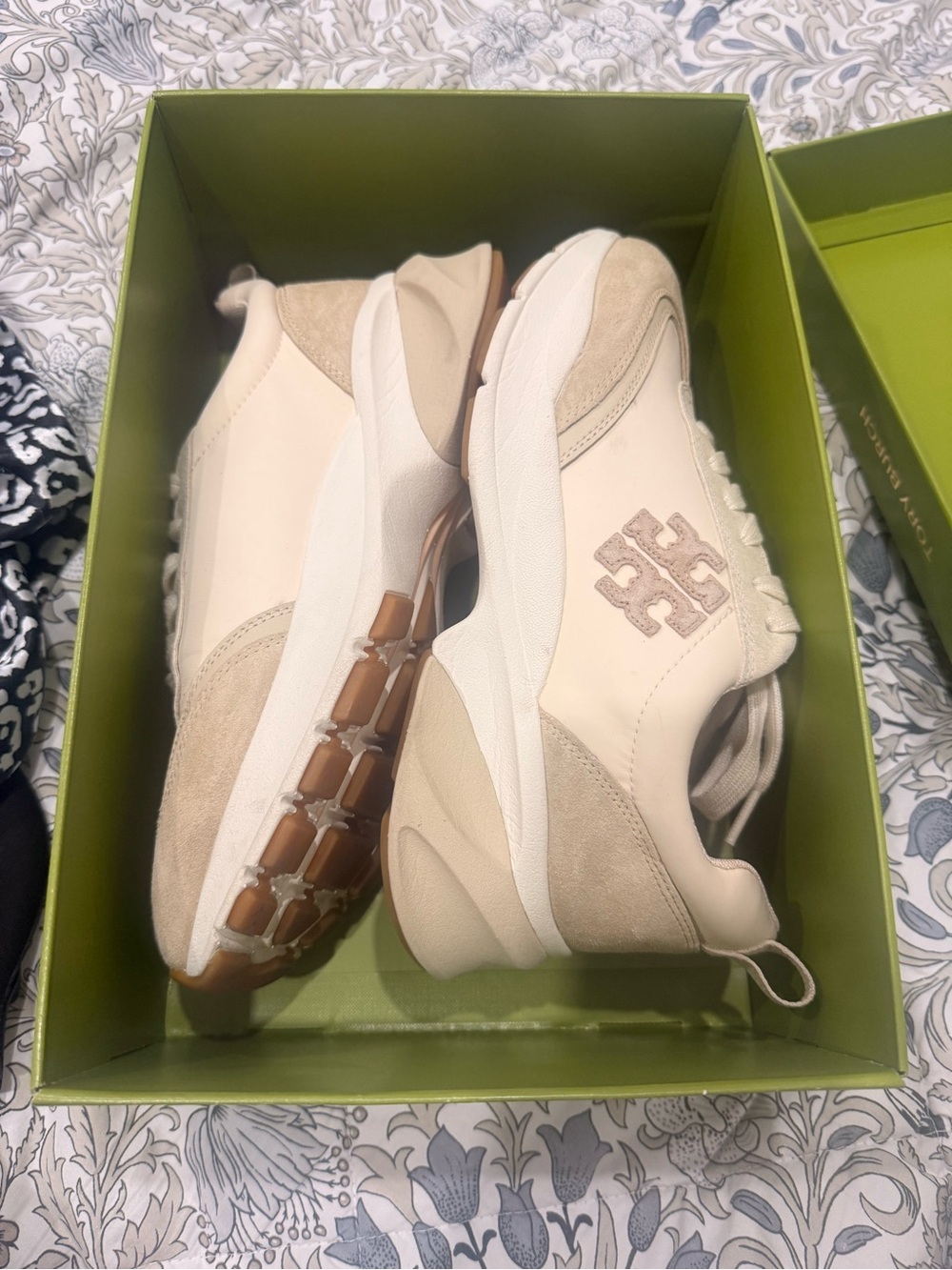 Tory Burch Cream and Tan Leather Suede Sneakers